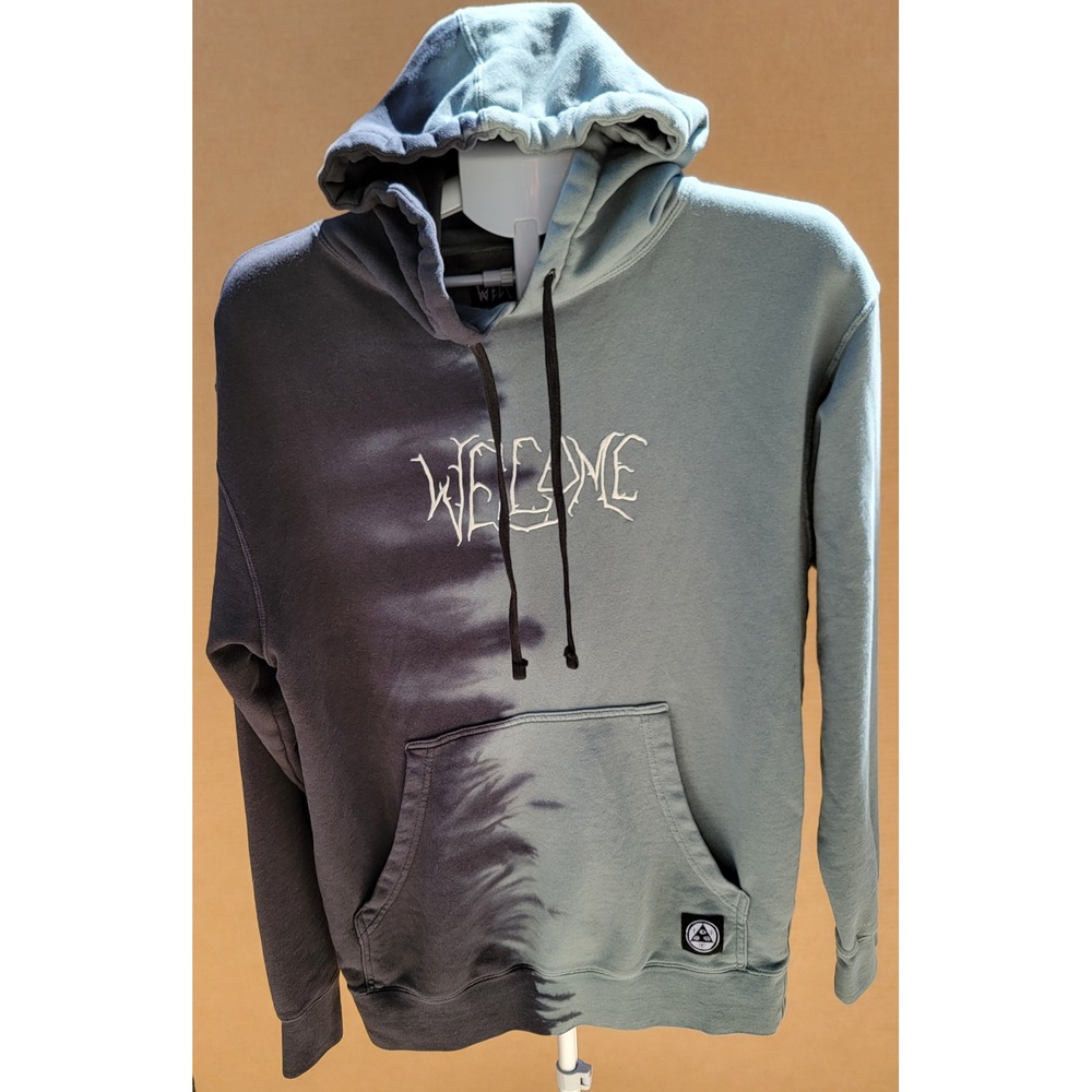 Welcome Skateboard Split Dip Dye Hoodie Grey Green Embroidered Logo Small Grunge